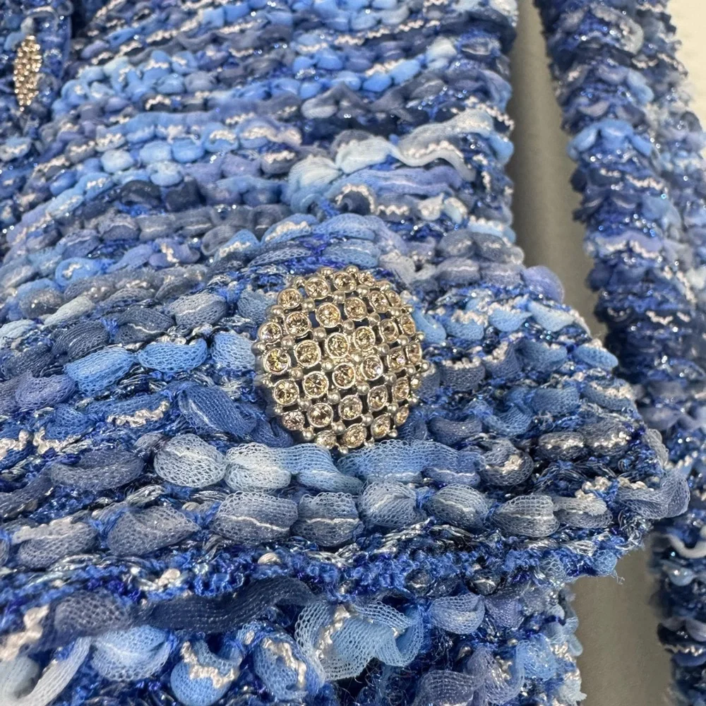 St. John Blue Bouclé Knit Blazer with Rhinestone Buttons - Picture 6 of 9